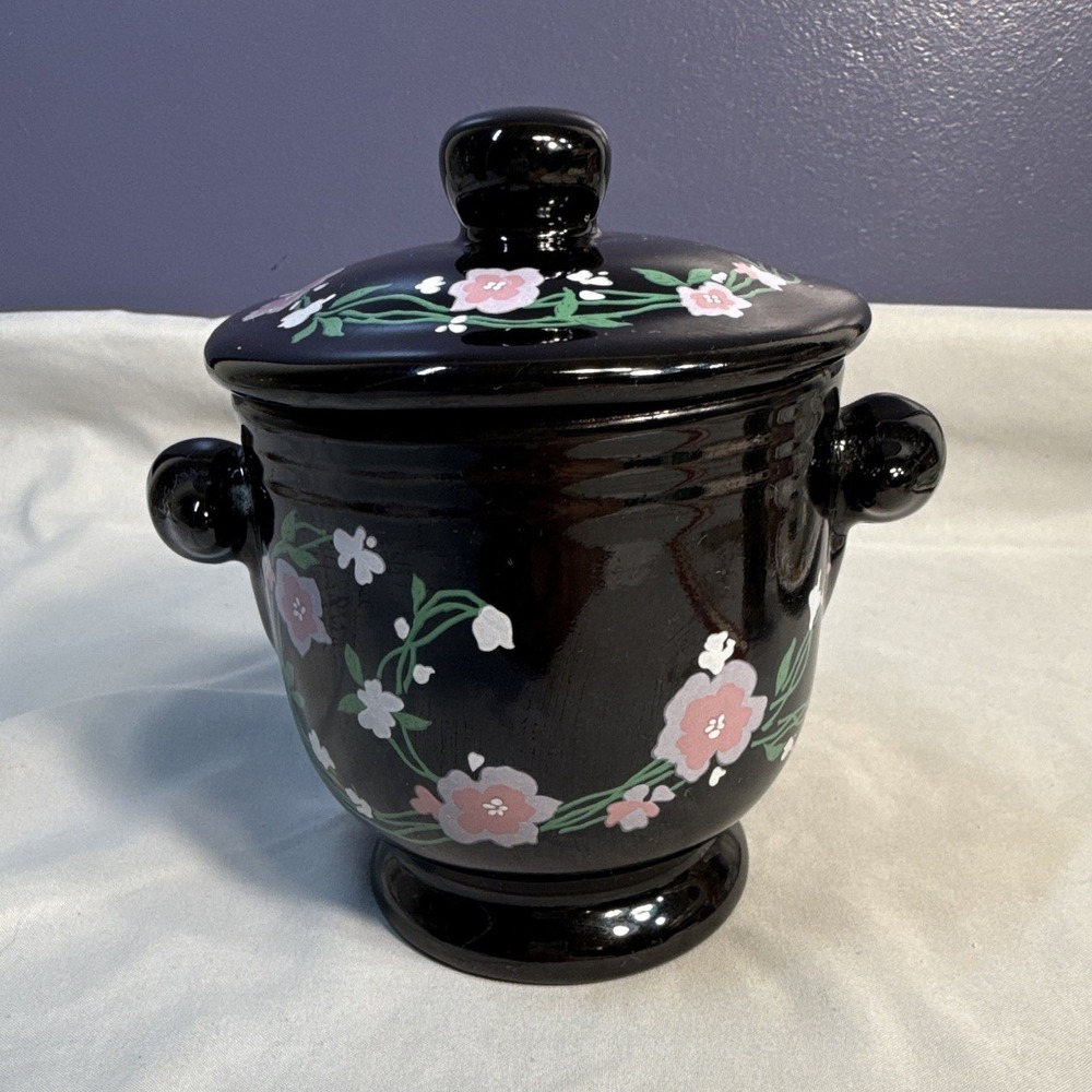 Vintage Black Ceramic Floral Lidded Powder Jar Canister Vanity Pot Ball Handles